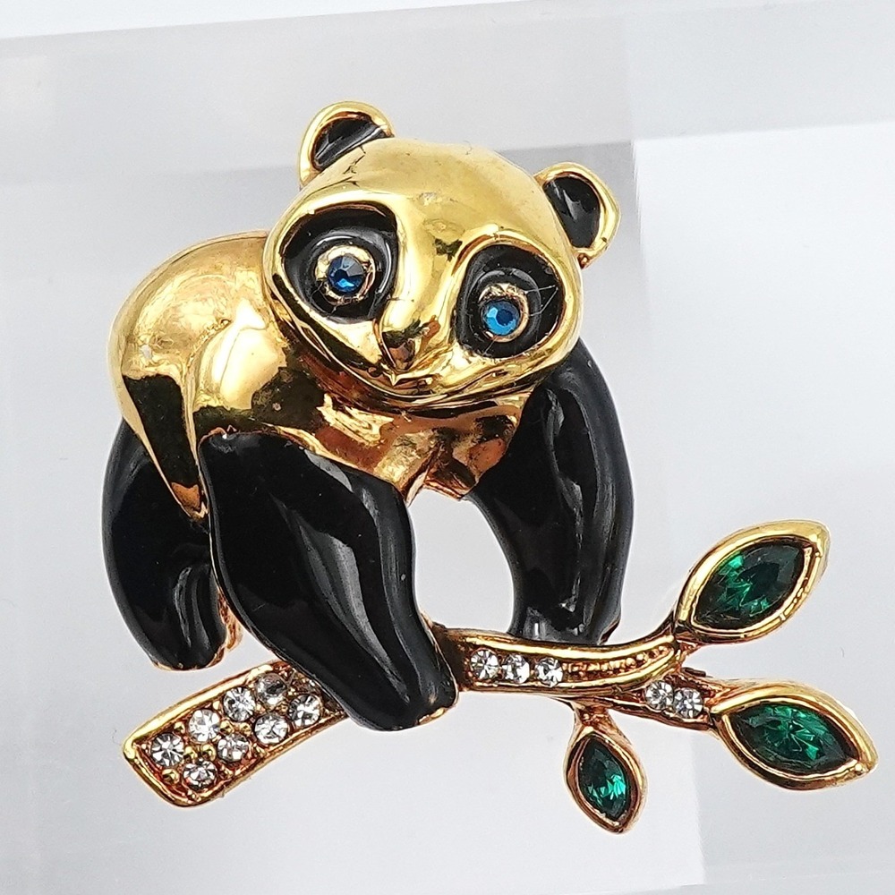 Vintage Roman Panda Bear Brooch Gold Tone Rhinestones Bamboo Figural Novelty